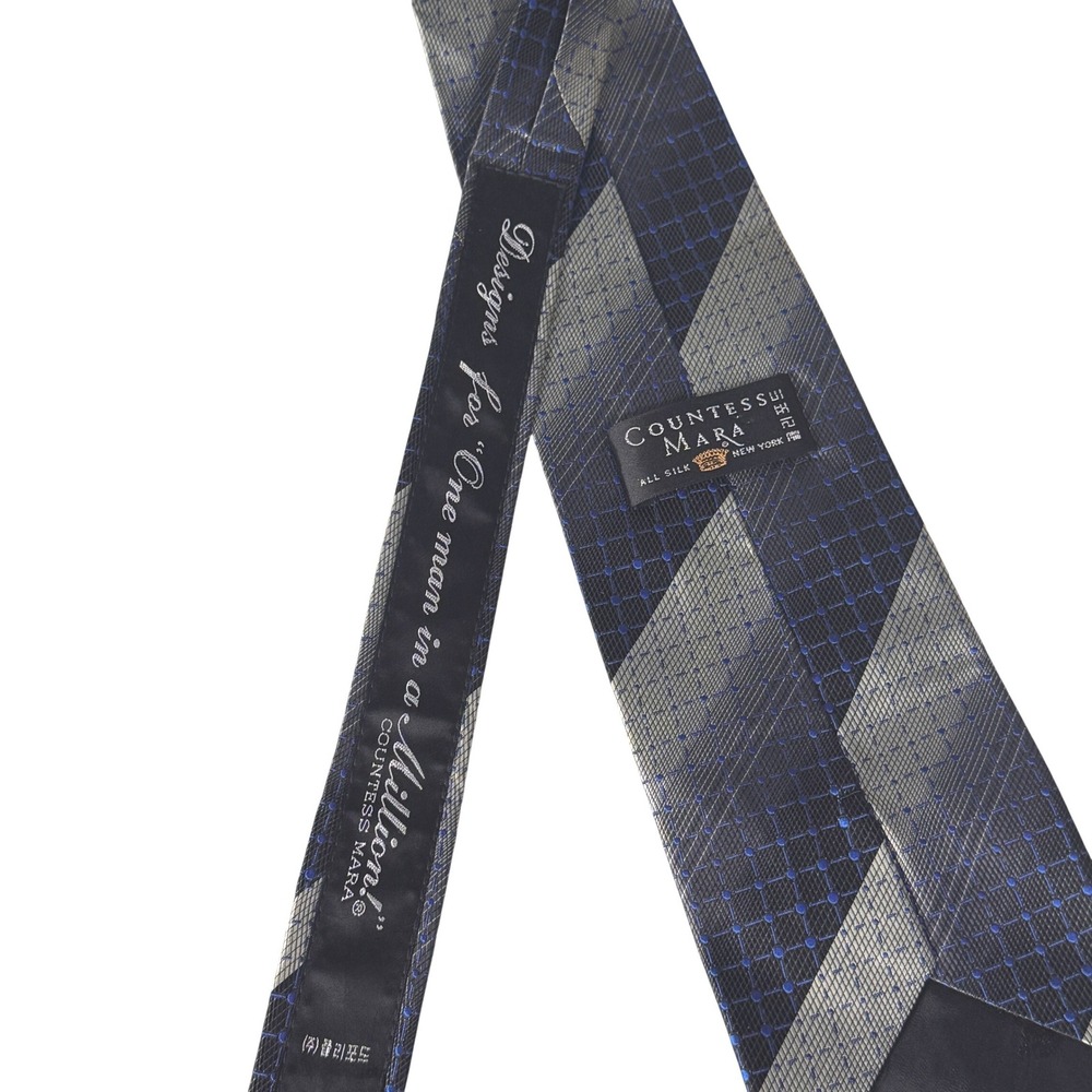 Countess Mara Silk Tie Navy Blue Silver Geometric Striped Mens Necktie New York